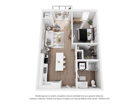 A 3D floor plan of a small apartment with a kitchen, living room, and bedroom.